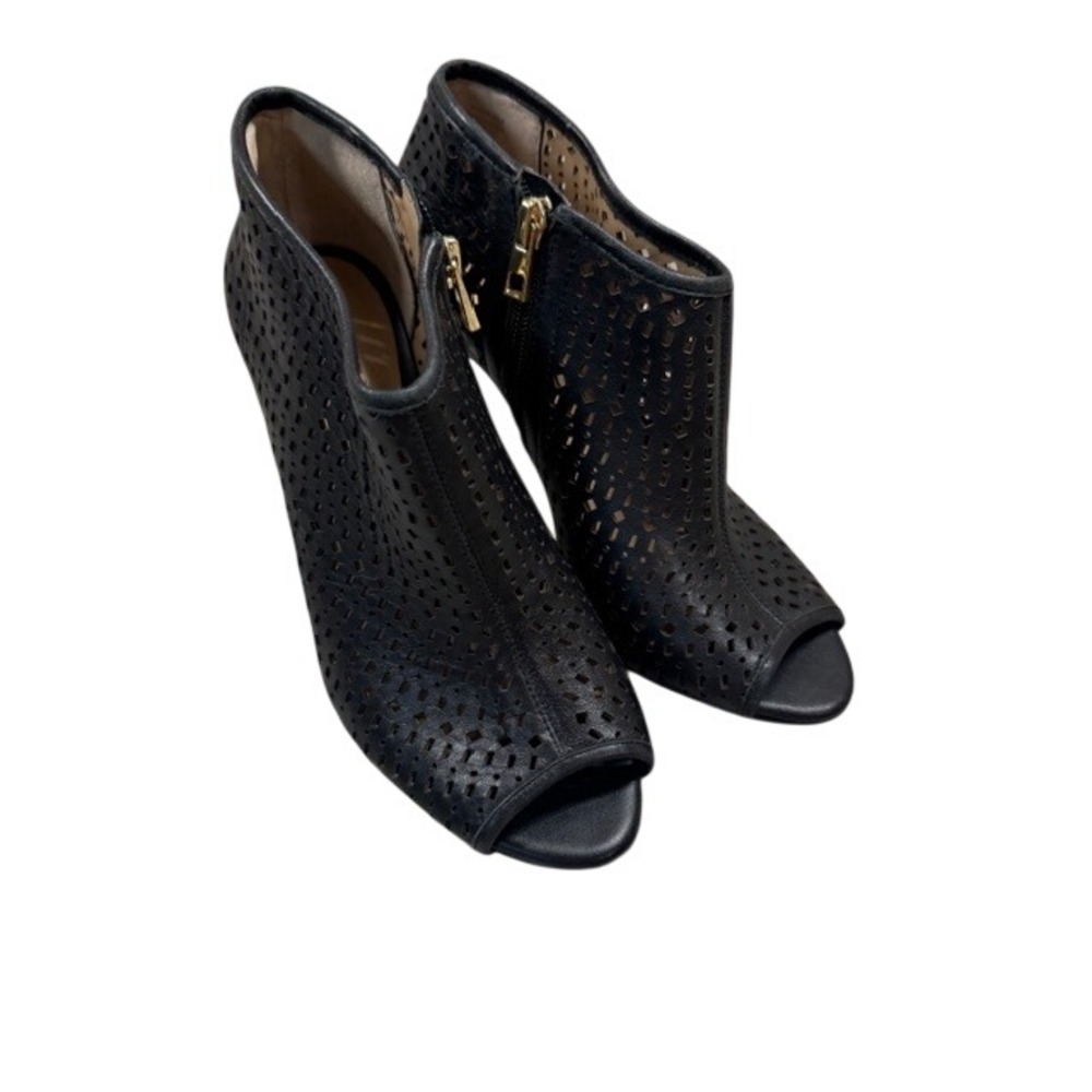 Ann Taylor Black‎ Leather Laser Cut Peep Toe Stiletto Booties Size 6.5M Zip Up